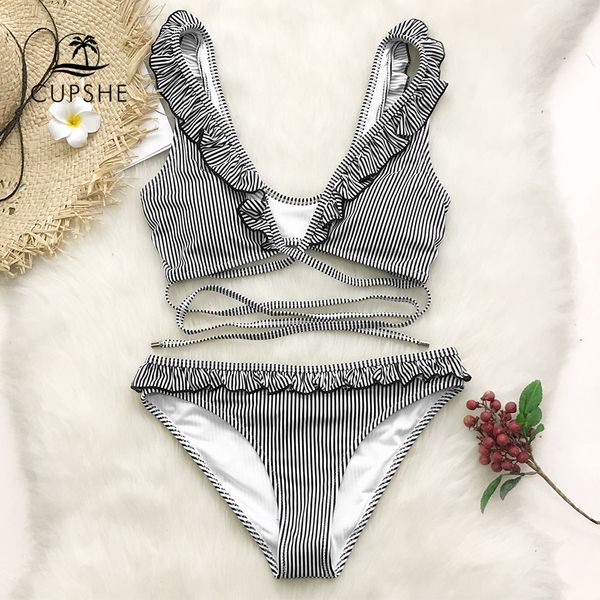 cupshe black and white striped ruffled bikini sets women cute cross two pieces swimsuits 2019 girl bathing suits, White;black
cupshe black and white striped ruffled bikini sets women cute cross two pieces swimsuits 2019 girl bathing suits, White;black