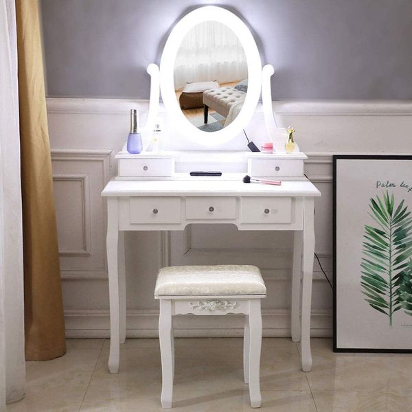 Home Vanity Makeup Table And Chair Set, Pretend Beauty Make Up Stool Play Set With Mirror, White Wooden Vanity, Make Up Table And Stool Set