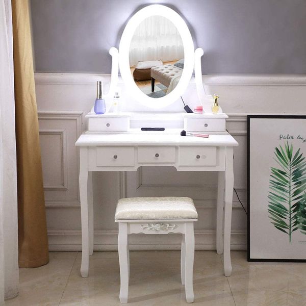 Home Vanity Makeup Table And Chair Set, Pretend Beauty Make Up Stool Play Set With Mirror, White Wooden Vanity, Make Up Table And Stool Set