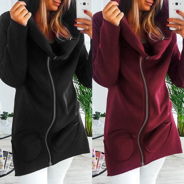 women's solid color autumn thickening coat casual women solid long sleeve pockets coat warm sweater hooded zip cardigan, Black
women's solid color autumn thickening coat casual women solid long sleeve pockets coat warm sweater hooded zip cardigan, Black