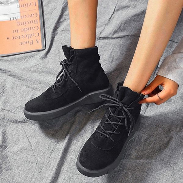 women suede winter boots keep warm ankle lace up flat heel round head boots flock pleated sewing chaussures femme, Black
women suede winter boots keep warm ankle lace up flat heel round head boots flock pleated sewing chaussures femme, Black
