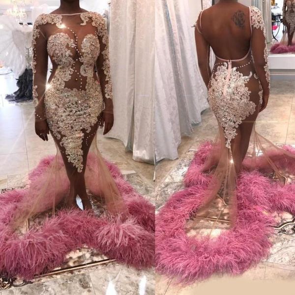 see through feather illusion prom dresses long sleeve appliques beads robe de soiree backless mermaid evening dress african gowns, Black;red
see through feather illusion prom dresses long sleeve appliques beads robe de soiree backless mermaid evening dress african gowns, Black;red
