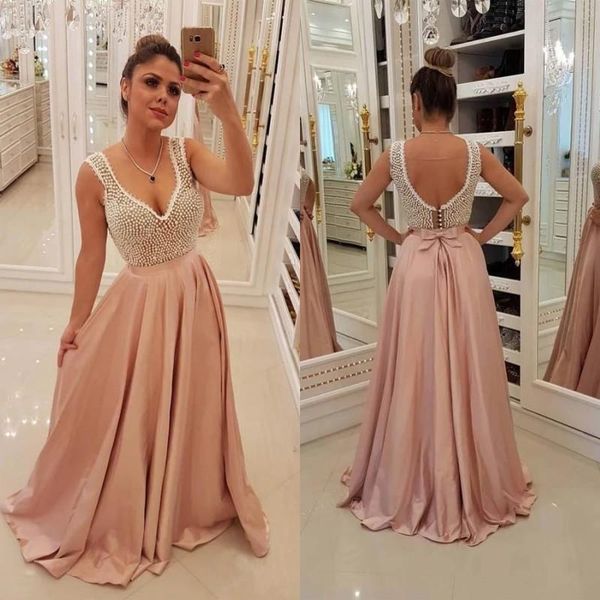 graceful prom dresses v neck sleeveless pearls backless satin long pink a line evening party gowns, Black
graceful prom dresses v neck sleeveless pearls backless satin long pink a line evening party gowns, Black