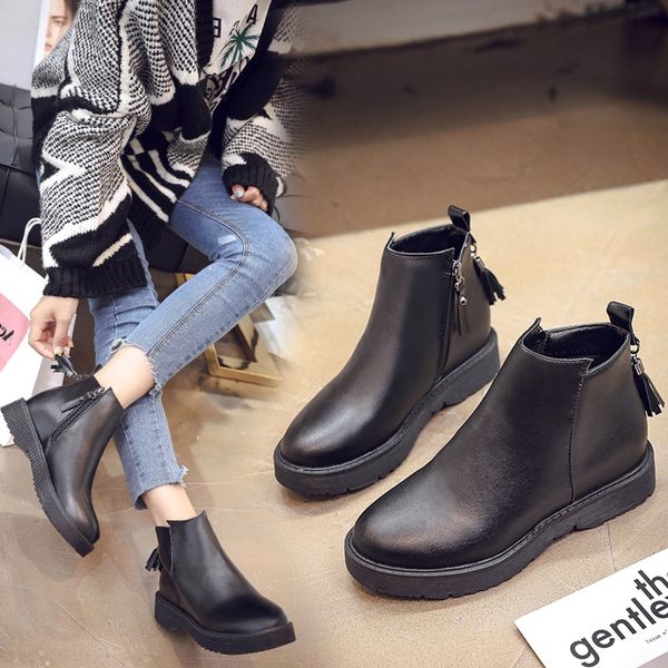 women's leather boots fringed short boots fashion round toe zipper ankle for women with platform chaussures femme, Black
women's leather boots fringed short boots fashion round toe zipper ankle for women with platform chaussures femme, Black