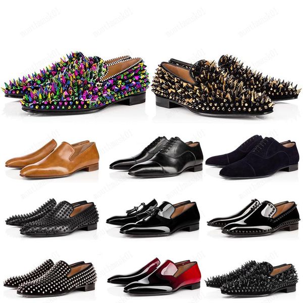 with box fashion designer mens shoes loafers black red spike patent leather slip on dress wedding flats bottoms shoe for business party 
with box fashion designer mens shoes loafers black red spike patent leather slip on dress wedding flats bottoms shoe for business party