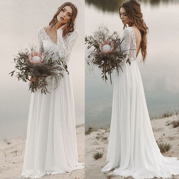 beach country wedding dresses 2020 a-line chiffon lace v neck v back with long sleeves draped backless bridal gown illusion sweep train, White
beach country wedding dresses 2020 a-line chiffon lace v neck v back with long sleeves draped backless bridal gown illusion sweep train, White