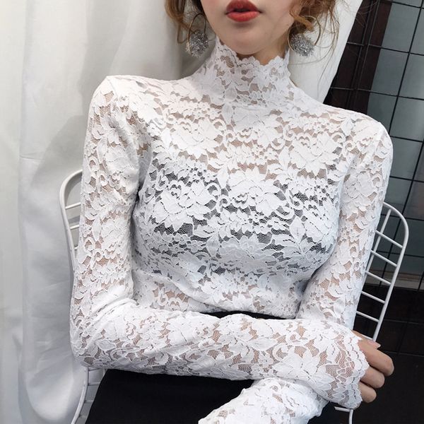 women's t-shirt green basic casual spring autumn korea fashion clothing hipster long sleeve perspective tees lace turtleneck tshits, White 
women's t-shirt green basic casual spring autumn korea fashion clothing hipster long sleeve perspective tees lace turtleneck tshits, White