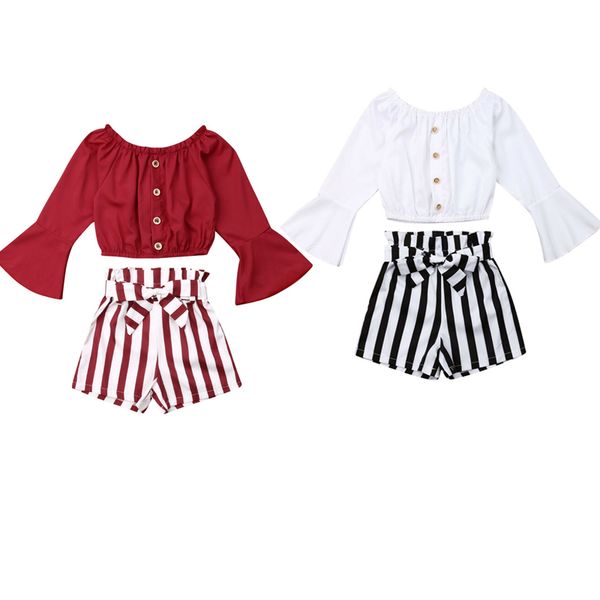 1-5y kids toddlers baby girl clothes sets solid long sleeve t-shirt+striped short pants outfit set, White 
1-5y kids toddlers baby girl clothes sets solid long sleeve t-shirt+striped short pants outfit set, White