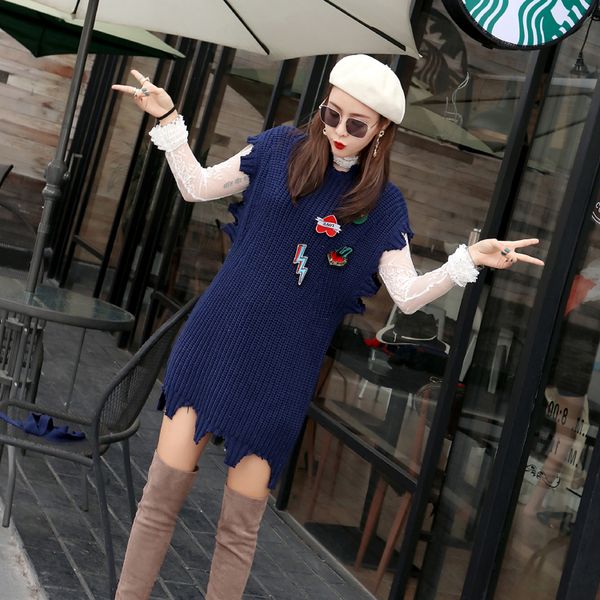 girl student's pretty design sleeveless sweater harajuku badges knitted wear street wear holes trim long style sweater vest, Black;gray
girl student's pretty design sleeveless sweater harajuku badges knitted wear street wear holes trim long style sweater vest, Black;gray