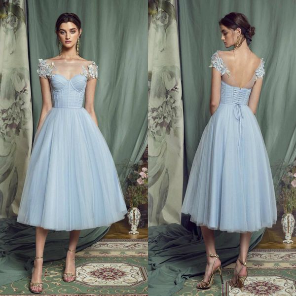 2020 light blue prom dresses bateau neck 3d floral appliqued lace a line evening dress custom made tea length special occasion gowns, Black
2020 light blue prom dresses bateau neck 3d floral appliqued lace a line evening dress custom made tea length special occasion gowns, Black