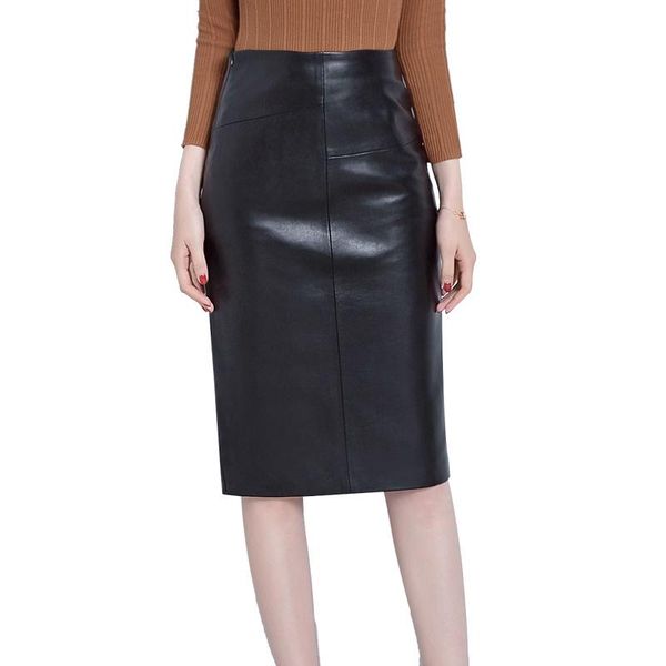 women 2020 autumn winter sheepskin skirt genuine leather midi skirt female high waist split package hip skirt plus size 4xl h167, Black