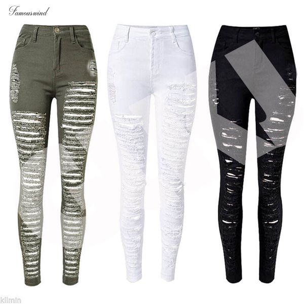 jeans ripped destroyed women denim hole pants high waist stretch jeans slim pencil trousers black white blue