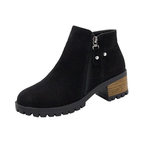 chunky heels vintage women boots fashion pure color round toe zipper boots with thick scrub european ladies rubber flock shoes, Black
chunky heels vintage women boots fashion pure color round toe zipper boots with thick scrub european ladies rubber flock shoes, Black