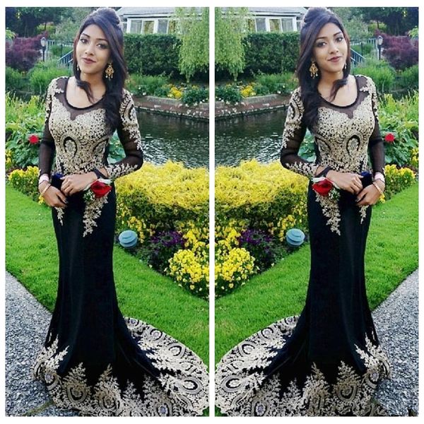 black sheer long sleeves mermaid prom dresses with gold lace appliques evening party gowns 2019 customized special occasion party gowns 
black sheer long sleeves mermaid prom dresses with gold lace appliques evening party gowns 2019 customized special occasion party gowns