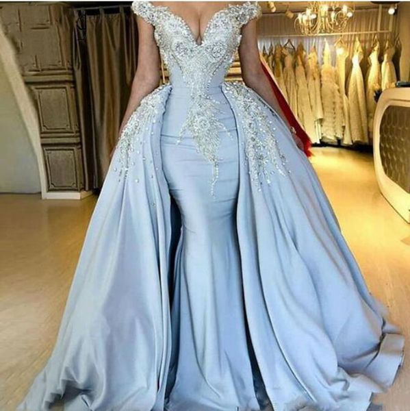 elegant off the shoulder mermaid prom dresses with detachable train luxury crystal beaded v neck lace long evening dress robe de soiree, Black