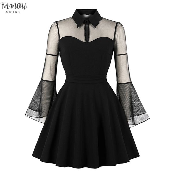 women gothic mini dress black mesh patchwork see-through flare sleeve draped elegant plus size party short dresses, Black;gray
women gothic mini dress black mesh patchwork see-through flare sleeve draped elegant plus size party short dresses, Black;gray