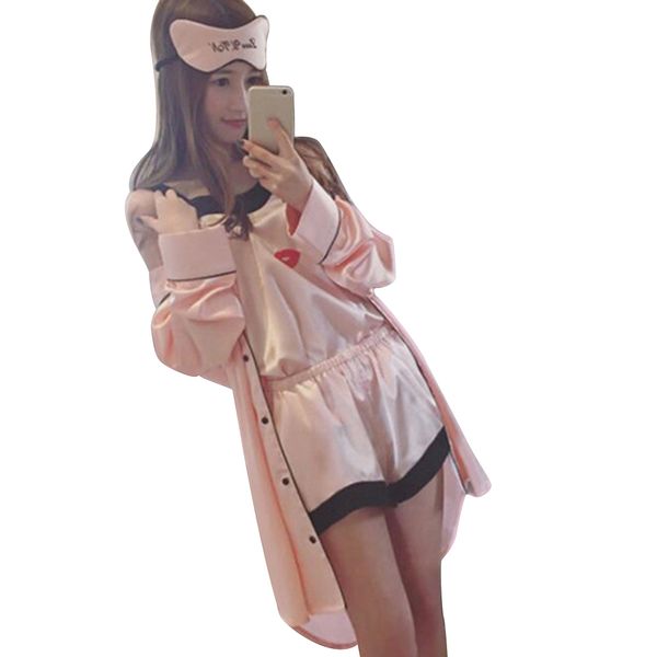4 pieces women summer pajamas shorts robe eye mask sleepwear clothing set, Black;red
4 pieces women summer pajamas shorts robe eye mask sleepwear clothing set, Black;red