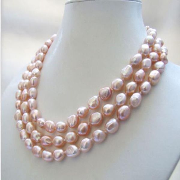 quality products 3 strands genuine natural pink baroque freshwater pearl necklace 8-9mm, Silver