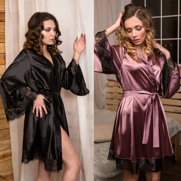 women lace trimmed silky satin robe lingerie lady casual loose solid knee length kimono nightwear nightgown, Black;red
women lace trimmed silky satin robe lingerie lady casual loose solid knee length kimono nightwear nightgown, Black;red