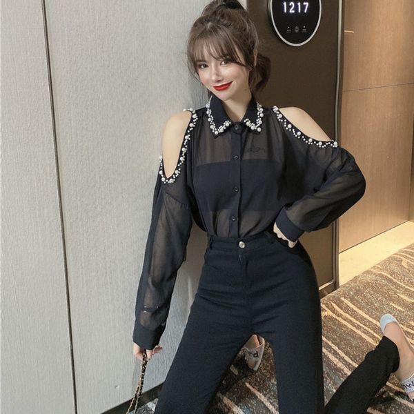 2020 autumn hong kong heavy industry beaded off-shoulder chiffon shirt black pencil trousers temperament two-piece suit women, Black;white
2020 autumn hong kong heavy industry beaded off-shoulder chiffon shirt black pencil trousers temperament two-piece suit women, Black;white