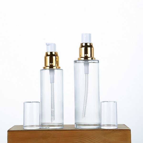 Clear Glass Bottle Gold Lotion Pump Bottle 50ml 60ml 80ml Cosmetic Packaging Container Gold Lid Glass Spray Bottles 100pcs