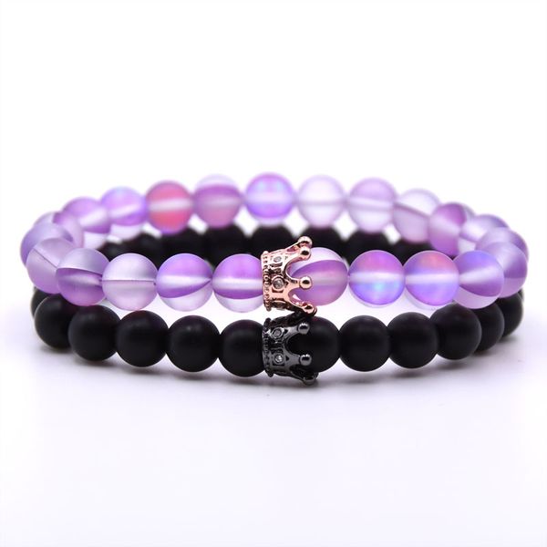 

2pcs/set cz crown charm bracelets for women trendy natural labradorite beads bracelet men jewelry couple jewelry, Black