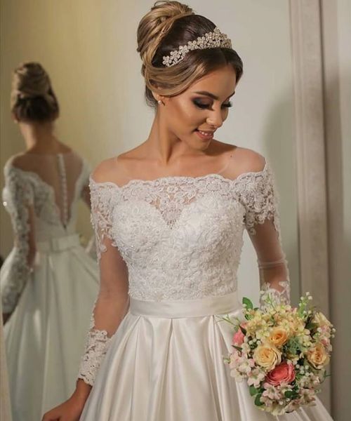 custom long sleeves lace wedding dresses 2020 with beaded appliques sweep train satin off shoulder wedding bridal gowns 37, White
custom long sleeves lace wedding dresses 2020 with beaded appliques sweep train satin off shoulder wedding bridal gowns 37, White