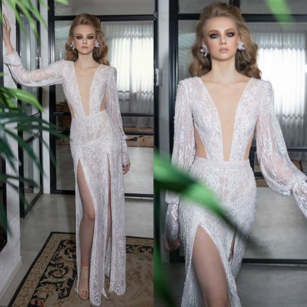 summer beach wedding dresses long sleeves lace deep v neck sequined boho robes de mariée thigh high slits wedding gowns, White
summer beach wedding dresses long sleeves lace deep v neck sequined boho robes de mariée thigh high slits wedding gowns, White