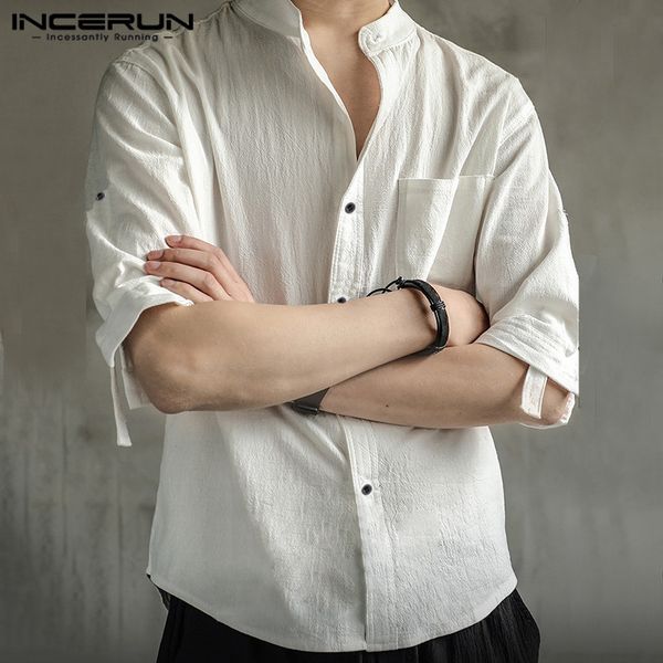 incerun vintage men shirt stand collar 3/4 sleeve cotton solid color chic camisa pockets harajuku mens brand casual shirts 2019, White;black
incerun vintage men shirt stand collar 3/4 sleeve cotton solid color chic camisa pockets harajuku mens brand casual shirts 2019, White;black