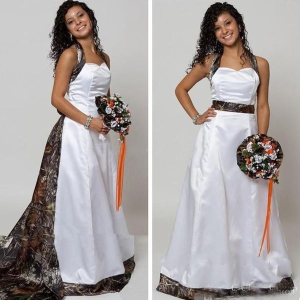new camo wedding dresses with detachable halter a line sweep train sash bow country garden bridal gowns customized, White
new camo wedding dresses with detachable halter a line sweep train sash bow country garden bridal gowns customized, White