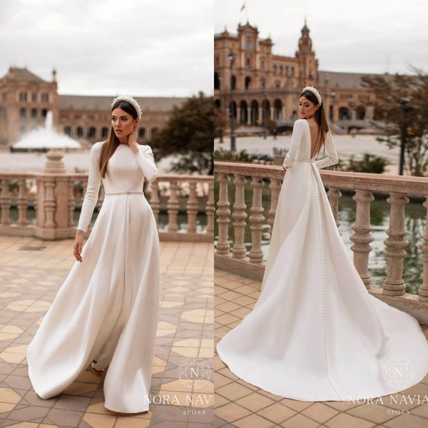 2021 new wedding dresses jewel long sleeves button back bridal gowns custom made lace satin sweep train a-line beach wedding dress, White
2021 new wedding dresses jewel long sleeves button back bridal gowns custom made lace satin sweep train a-line beach wedding dress, White
