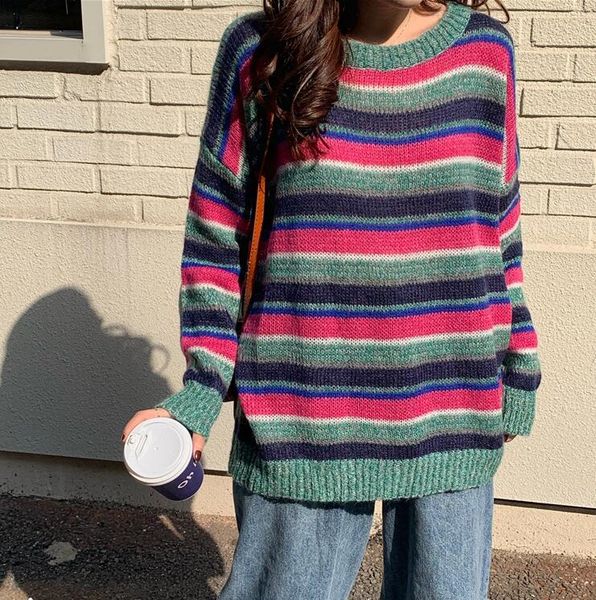 women's sweaters loose rainbow striped round neck long sleeve sweater, White;black