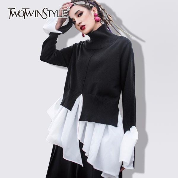 twotwinstyle knitting turtleneck sweater womens flare sleeve ruffles patchwork draped irregular pullover spring fashion harajuku, White;black
twotwinstyle knitting turtleneck sweater womens flare sleeve ruffles patchwork draped irregular pullover spring fashion harajuku, White;black