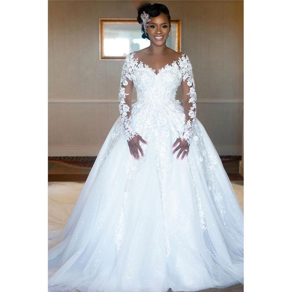 long sleeve white lace wedding dresses sparkly sequins beaded appliques ball gown 2020 african design bridal gowns with long trail
long sleeve white lace wedding dresses sparkly sequins beaded appliques ball gown 2020 african design bridal gowns with long trail