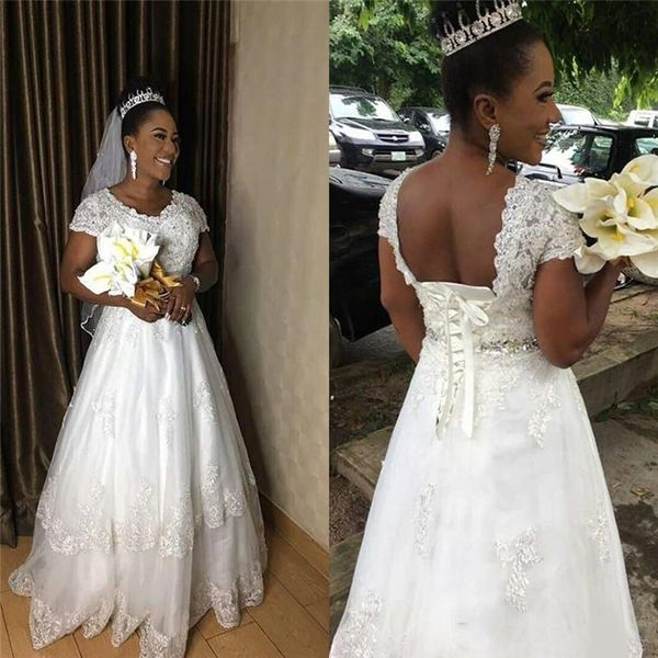 vintage a line wedding dress with short sleeves lace up beadings wedding dresses custom made lace appliques bridal wedding dress, White
vintage a line wedding dress with short sleeves lace up beadings wedding dresses custom made lace appliques bridal wedding dress, White