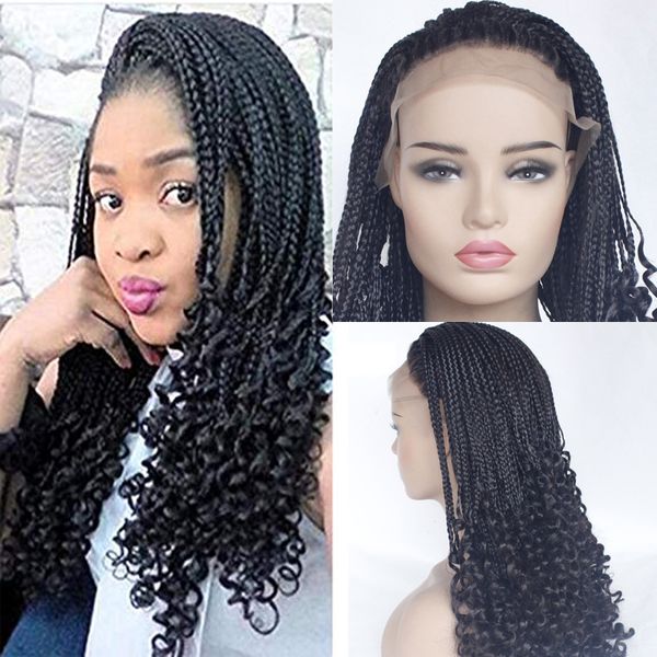 natrual black micro braiding hair wigs with curly end synthetic lace front wig half braided wigs for black women wigs with baby hair