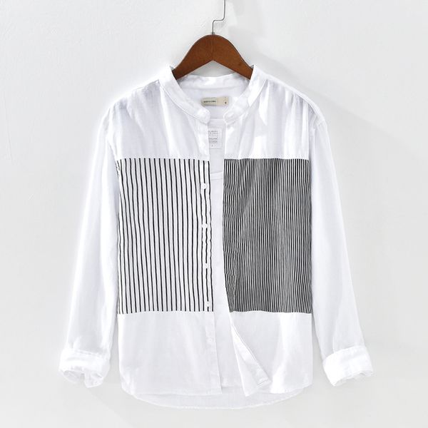 100%linen long sleeve striped shirt spring new men breathable casual classic stand collar clothes y2454, White;black 
100%linen long sleeve striped shirt spring new men breathable casual classic stand collar clothes y2454, White;black