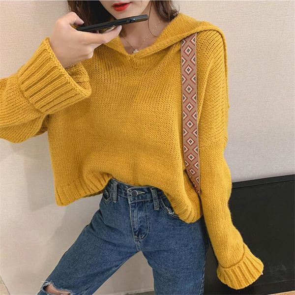 2019 women's sweater autumn and winter models knitted solid color long-sleeved hooded collar loose casual, White;black
2019 women's sweater autumn and winter models knitted solid color long-sleeved hooded collar loose casual, White;black
