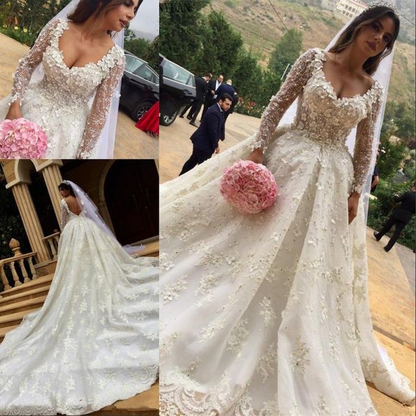 luxury 3d flowers appliqued lace ball gown wedding dresses long sleeves v neck beaded bridal gowns pearls vestidos de novia, White
luxury 3d flowers appliqued lace ball gown wedding dresses long sleeves v neck beaded bridal gowns pearls vestidos de novia, White