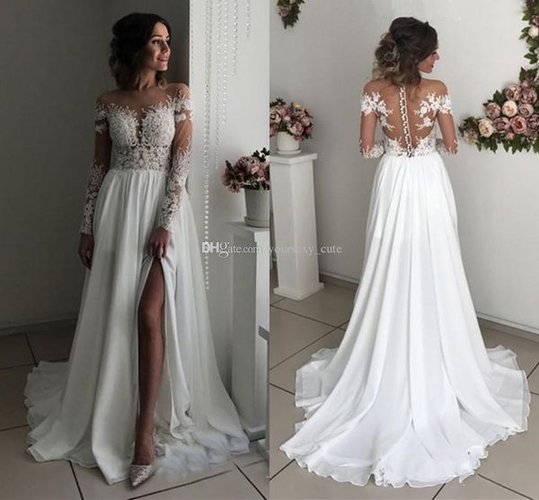 elegant long sleeves wedding dresses sheer neck illusion bodice appliques chiffon slit boho bridal dresses beach wedding gowns with split, White
elegant long sleeves wedding dresses sheer neck illusion bodice appliques chiffon slit boho bridal dresses beach wedding gowns with split, White
