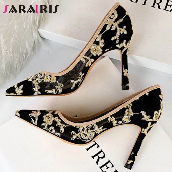 sarairis new fashion female flower high thin heels pointed toe pumps slip on shallow party pumps women spring shoes woman, Black 
sarairis new fashion female flower high thin heels pointed toe pumps slip on shallow party pumps women spring shoes woman, Black