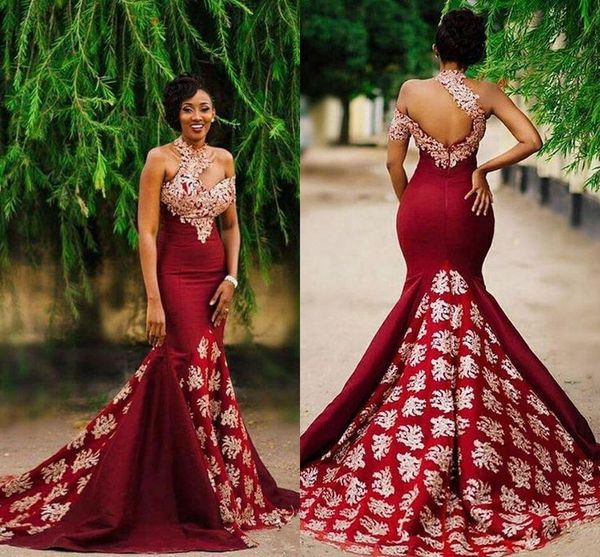 aso ebi style burgundy mermaid evening formal dresses gold lace sweep train halter backless african occasion prom party dress, Black;red
aso ebi style burgundy mermaid evening formal dresses gold lace sweep train halter backless african occasion prom party dress, Black;red