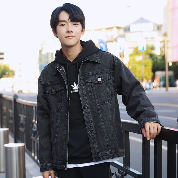 han road casual men's wear 2019 spring new style fold-down collar denim jacket men's outerwear black and white with pattern loos, Black;brown
han road casual men's wear 2019 spring new style fold-down collar denim jacket men's outerwear black and white with pattern loos, Black;brown