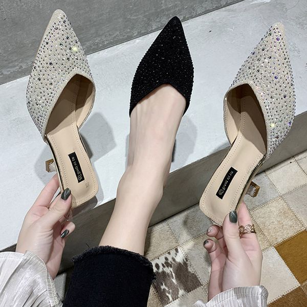 crystal pointed toe mules shoes women v mouth high heel slippers women shoes summer high heel closed toe slippers 2020, Black
crystal pointed toe mules shoes women v mouth high heel slippers women shoes summer high heel closed toe slippers 2020, Black