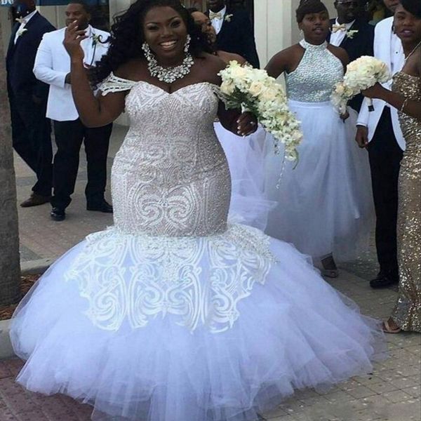 african plus size wedding dresses major beads sequins lace appliques mermaid wedding dress off the shoulder tulle lace up back bridal gowns, White
african plus size wedding dresses major beads sequins lace appliques mermaid wedding dress off the shoulder tulle lace up back bridal gowns, White