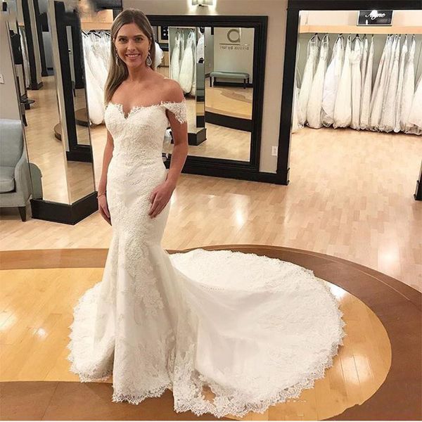 2020 elegant off shoulder lace mermaid wedding dresses open back sweep train appliques beaded bridal gowns custom made, White
2020 elegant off shoulder lace mermaid wedding dresses open back sweep train appliques beaded bridal gowns custom made, White