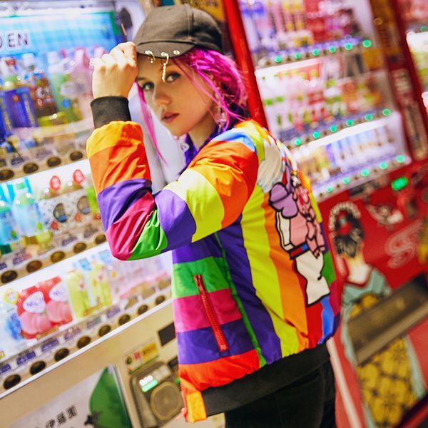 female winter new short down jacket long sleeve stand collar casual parkas ladies cartoon print rainbow cute loose overcoat z908, Black
female winter new short down jacket long sleeve stand collar casual parkas ladies cartoon print rainbow cute loose overcoat z908, Black