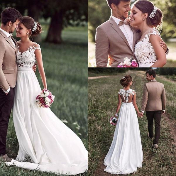 2020 simple a line summer beach wedding dresses jewel neck illusion lace appliques cap sleeve chiffon sweep train country bridal gowns, White
2020 simple a line summer beach wedding dresses jewel neck illusion lace appliques cap sleeve chiffon sweep train country bridal gowns, White