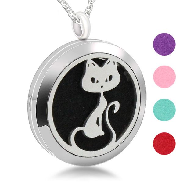 women's perfume essential oil charm accessories stainless steel carved docile cat hollow box pendant, Silver
women's perfume essential oil charm accessories stainless steel carved docile cat hollow box pendant, Silver