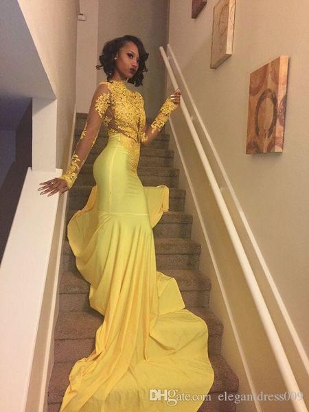 2019 new yellow lace mermaid prom dress long sleeves applique illusion back court train formal party evening dress wear custom made, Black
2019 new yellow lace mermaid prom dress long sleeves applique illusion back court train formal party evening dress wear custom made, Black